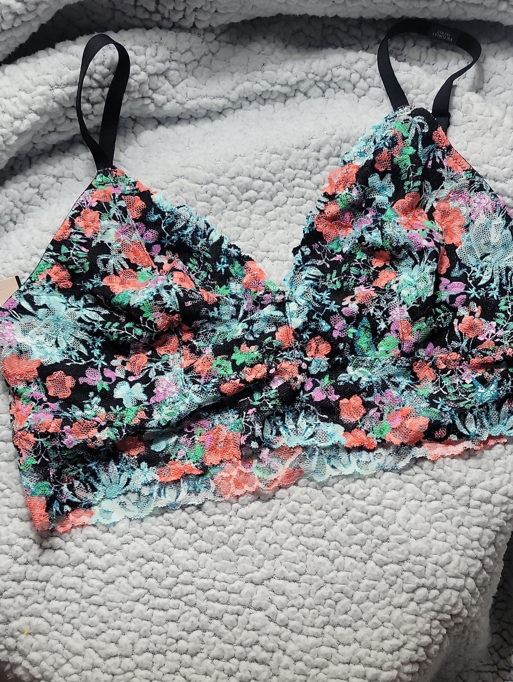 Victoria Secret Floral Lace Bralette in Black with Coral & Aqua Accents